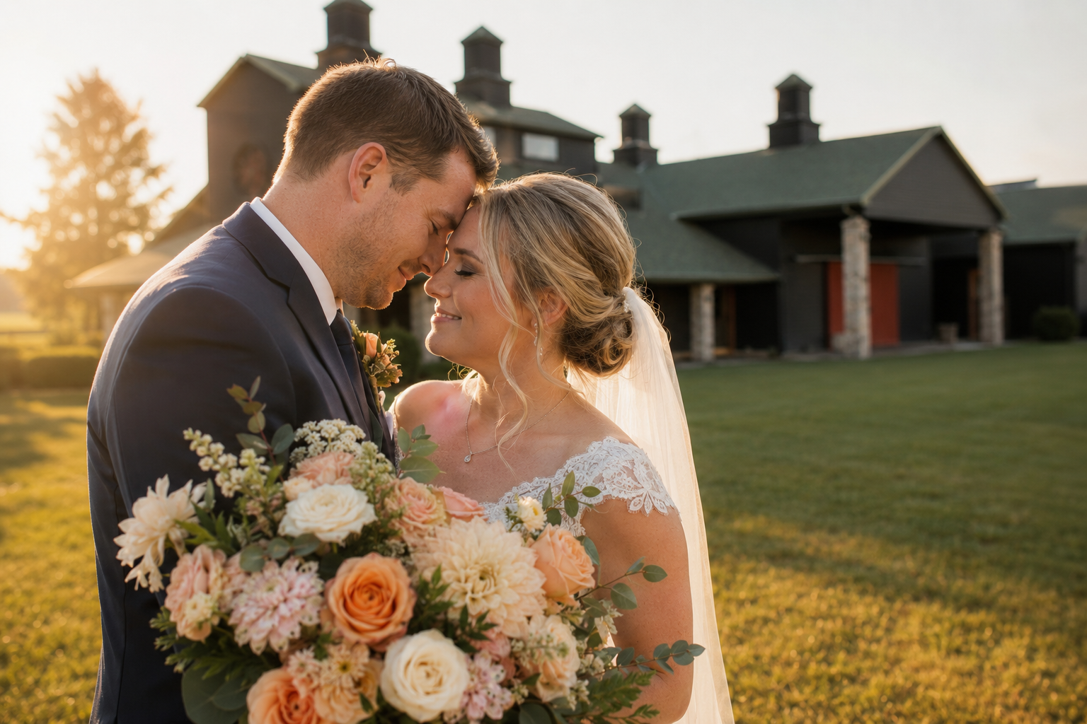 Bride and groom smiling together at golden hour